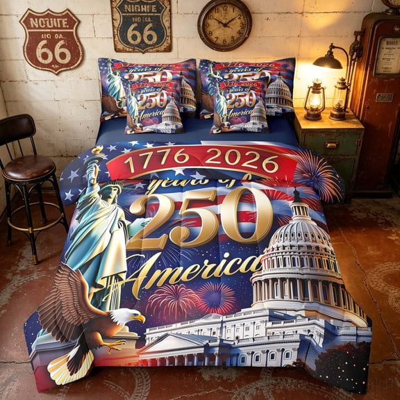 Manfei, Patriotic Liberty Capitol Twin Bedding, 250 Years Birthday Bedding Comforter Set, Navy Reversible 7 Pieces
