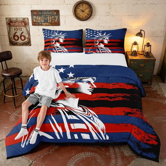 Manfei Patriotic Liberty Statue Full Size Comforter Sets, Grunge US Flag Bedding Comforter Set, Red White Blue, Black Reversible 3pcs, 1 Comforter and 2 Pillowcases
