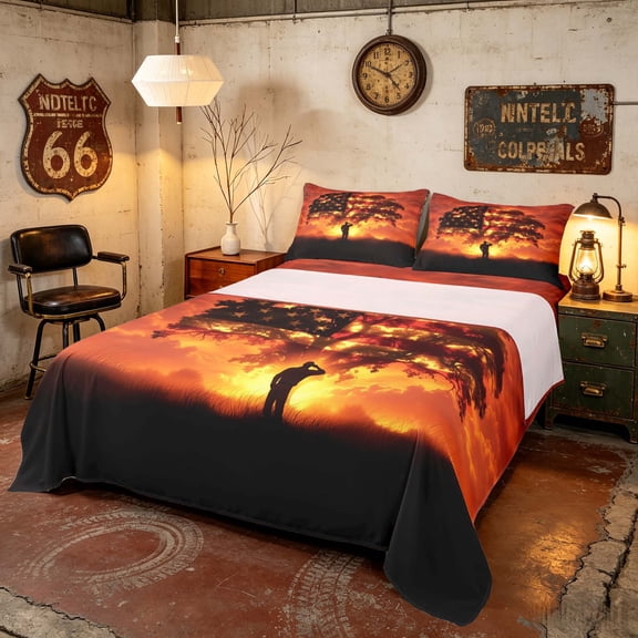 Manfei Patriotic Soldier Salute Queen Sheets, Sunset Tree Queen Sheet Sets, Red Orange Black, Black Reversible 4 Pieces (1 Flat Sheet, 1 Fitted Sheet and 2 Pillowcases)