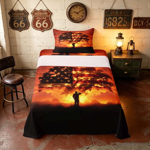 Manfei Patriotic Soldier Salute Twin Sheets, Sunset Tree Bedding, Red Orange Black, Black Reversible 3-Piece (1 Flat Sheet, 1 Fitted Sheet and 1 Pillowcase)