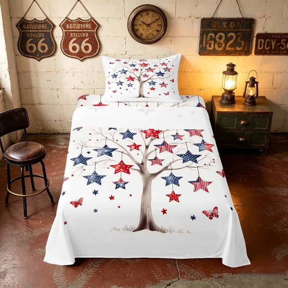 Manfei Patriotic Star Tree Twin Sheets, 4th of July Butterfly Bedding, Red White Blue, Black Reversible 3pcs (1 Flat Sheet, 1 Fitted Sheet and 1 Pillowcase)