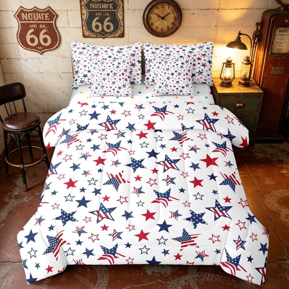 Manfei Patriotic Stars Queen Bedding, US Flag Striped Bedding Comforter Set Queen, Red White Blue, Polka Dots Reversible 7 Pieces