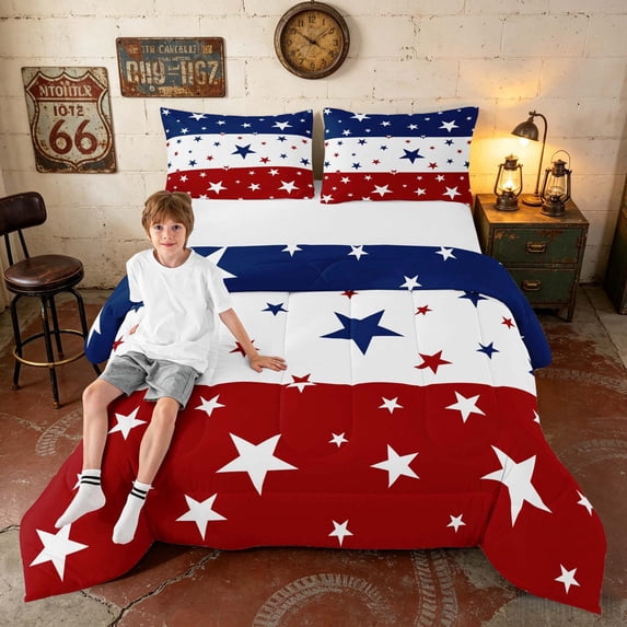Manfei Patriotic Stars Queen Comforter Set, Stripe Comforter Sets Queen, Navy Blue White Red, Navy Reversible 3 Pieces, 1 Comforter and 2 Pillowcases