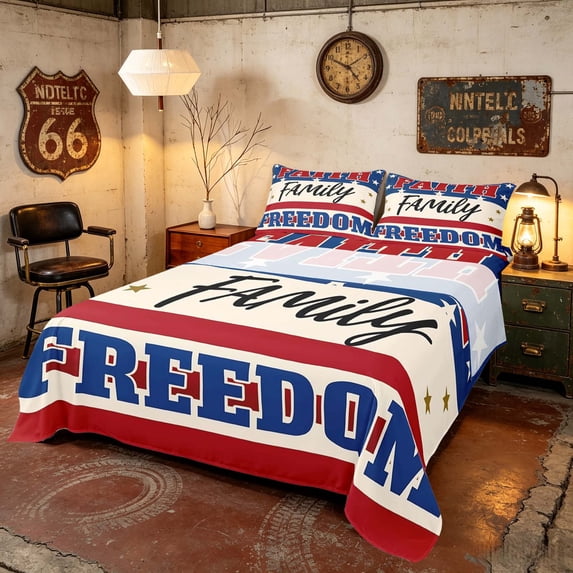 Manfei Patriotic Theme Queen Sheets, Faith Family Freedom Print Queen Sheet Sets, Navy Reversible 4pcs (1 Flat Sheet, 1 Fitted Sheet and 2 Pillowcases)