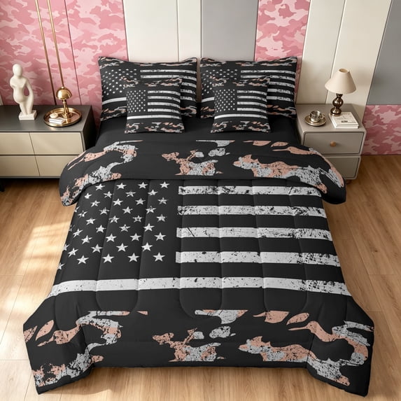 Manfei Patriotic US Flag King Bedding, Mid Century US Flag King Bed in a Bag, Gray Coral, Black Reversible, 7-Piece