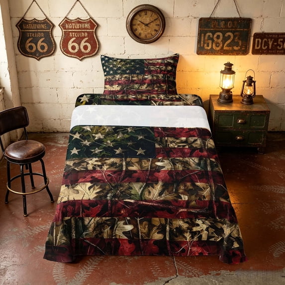 Manfei Patriotic US Flag Twin Sheets, Camo Leaf Bedding, Red Brown Green, Black Reversible 3pcs (1 Flat Sheet, 1 Fitted Sheet and 1 Pillowcase)