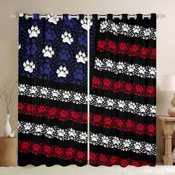 Manfei Patriotic USA Flag Kitchen Curtains, Striped Pet Paw Black Out Curtains Pack of 2 (42x63 Each), Black White Blue