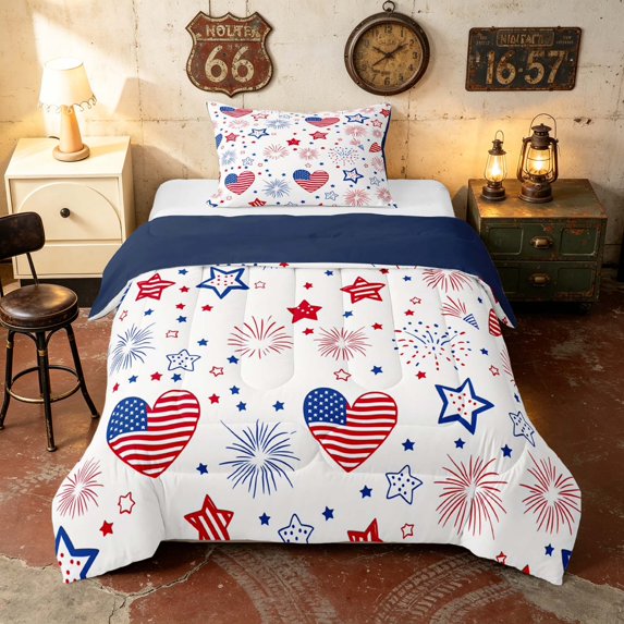 Manfei Patriotic USA Flag Twin Comforter Sets, Firework Stars Bedding Set, Red White Blue, Navy Reversible 2 Pieces, 1 Comforter and 1 Pillowcase