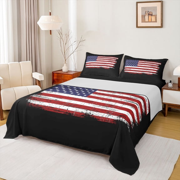 Manfei Patriotic Us Flag Bed Sheets,Stars Stripe Full Size Sheets,Red Black,4pcs,1 Flat Sheet, 1 Fitted Sheet and 2 Pillowcases