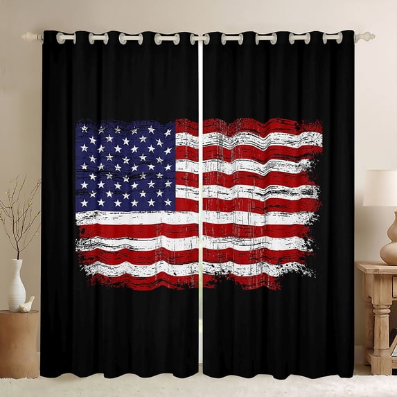 Manfei Patriotic Us Flag Kitchen Curtains,Stars Stripe Black Out Curtains Pack of 2 (42x63 Each),Red Black