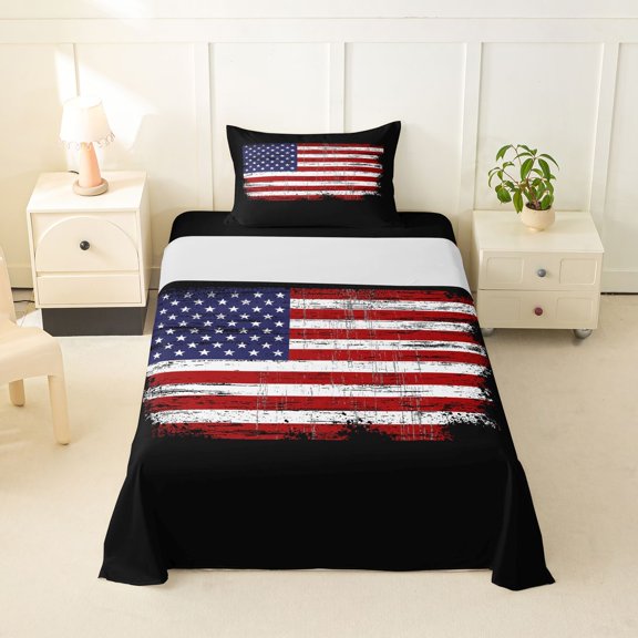 Manfei Patriotic Us Flag Twin Sheets,Stars Stripe Bedding,Red Black,3 Pieces,1 Fitted Sheet and 1 Pillowcase