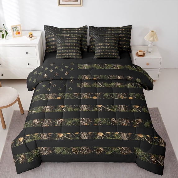 Manfei Patriotic Usa Flag 7pcs Queen Bedding,Botanical Branches Bedding Comforter Set Queen,Brown Black Stripes Decor,Black Reversible