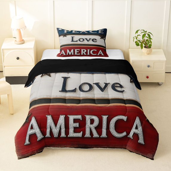 Manfei Peace Love America Twin Comforter Sets,Vintage Farmhouse Bedding Set,White Red,Black Reversible,2 Pieces,1 Comforter and 1 Pillowcase