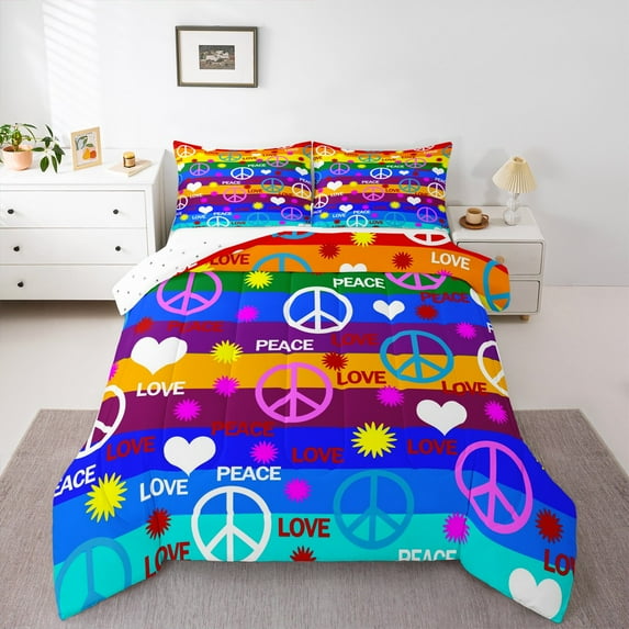 Manfei Peace and Love Bedding Comforter Set for Kids, Cartoon Groovy Floral Twin Comforter Sets, Love Heart Reversible Bedding Set, Luxury Bedroom Decor, 2 Pieces