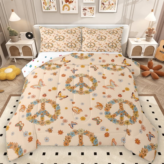Manfei Peace and Love Full Size Comforter Sets for Teens, Rustic Flower Floral Bedding Comforter Set, Kawaii Cartoon Butterfly Reversible Bedding Sets, Microfiber Bedroom Decor, 3-Piece