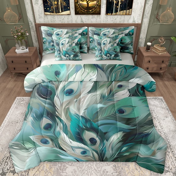 Manfei Peacock Feather 7-Piece Bedding Comforter Set,Abstract Art King Bedding Sets,Green Blue Bed Sheets For Girl,Microfiber Bedroom Decor Reversible