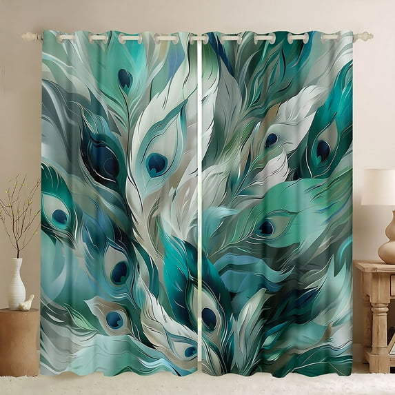 Manfei Peacock Feather Black Out Curtains,Abstract Art Curtains Pack of 2 (42x63 Each),Green Blue Bedroom Curtains For Girl,Microfiber Bedroom Decor