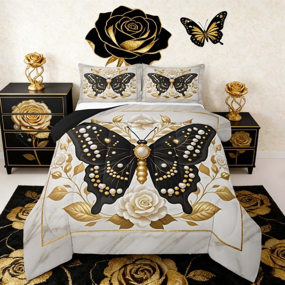 Manfei Pearl Print Butterfly Bedding Toddler Comforter Set, Chic White Floral Down Comforter, Watercolor Marble Bedding Sets Toddler with Comforter, Microfiber Bedroom Decoration, 2 Pieces Reversible