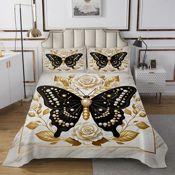 Manfei Pearl Print Butterfly Bedspread Sets King Size, Chic White Floral Bed Quilt, Watercolor Marble Bed Cover, Microfiber Bedroom Decoration, 3-Piece