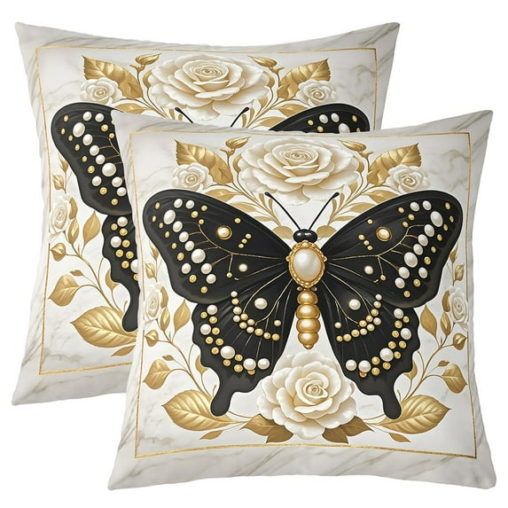 Manfei Pearl Print Butterfly Cushion Covers for Sofa Set of 2, Chic White Floral Throw Pillow Covers for Bed, 18x18, Watercolor Marble Throw Pillow Covers, Microfiber Bedroom Decoration