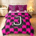 thumbnail image 1 of Manfei Pearl Print Monogrammed J 7-Piece Twin Bedding,Black Pink Grid Bedding Comforter Set,Pink Reversible, 1 of 7