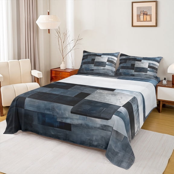 Manfei Peatchwork Geometric Plaid Bed Sheets Set Queen Size,Graffiti Marble Bedding Sets Queen Size,Deep Blue Black Bed Sheets Queen,Super Cozy Room Decorative,4pcs
