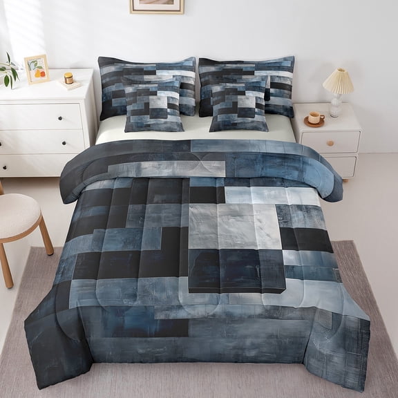 Manfei Peatchwork Geometric Plaid Bedding King Size,Graffiti Marble Comforter Sets with Sheets,Deep Blue Black Bedding Sets King Size,Super Cozy Room Decorative Reversible,7pcs