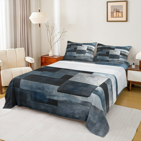 Manfei Peatchwork Geometric Plaid Sheet Set Twin,Graffiti Marble Bedding Sets Twin Size,Deep Blue Black Twin Sheet Sets,Super Cozy Room Decorative,3pcs