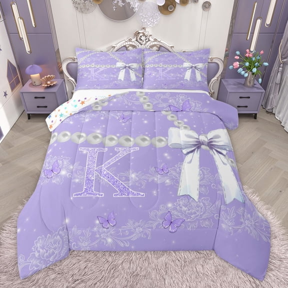Manfei Personalized Bowknot Initial K Girl 2pcs Bedding Comforter Set,Chic Flower Butterfly Twin Comforter Sets,Dreamy Princess Breathable Bedding Set,Bling Glitter Home Decor,Reversible