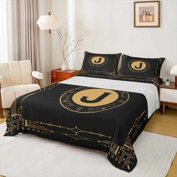Manfei Personalized Gifts Bed Sheets,Black Letter J King Sheets,Boho bohemian Theme Sheet Set For Princess,Lightweight Room Decoration,4pcs