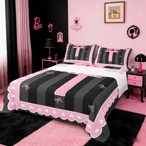 Manfei Personalized Gifts Bed Sheets Set Twin Size,Latter T Bedding Sets Twin Size,Pink Kawaii Bow Bed Sheets Twin,Lightweight Room Decoration,3 Pieces