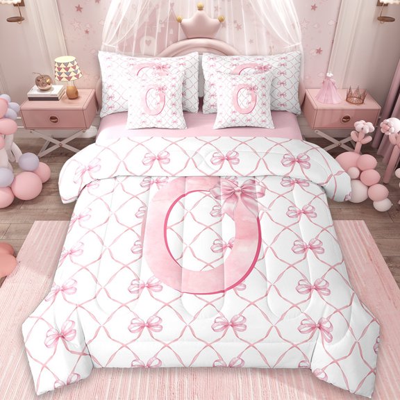 Manfei Personalized Gifts Bed in a Bag Full Size,Latter O Bed Set,Pink Kawaii Bow Bedding Full Size,Lightweight Room Decoration Reversible,7 Pieces