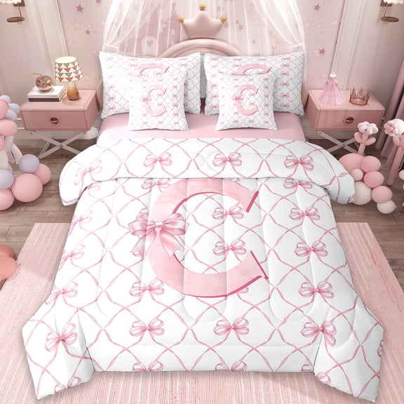 Manfei Personalized Gifts Bedding Sets Twin Size,Latter C Comforter Sets with Sheets,Pink Kawaii Bow Bed in a Bag Twin Size,Lightweight Room Decoration Reversible,7-Piece