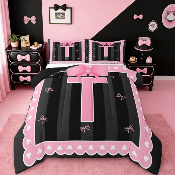 Manfei Personalized Gifts Bedding Twin Comforter Set,Latter T Down Comforter,Pink Kawaii Bow Bedding Sets Twin with Comforter,Lightweight Room Decoration Reversible,2 Pieces