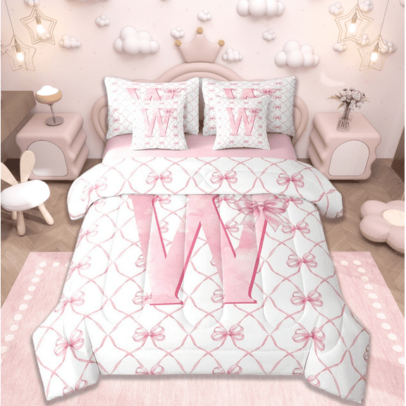 Manfei Personalized Gifts Bedding Twin Size,Latter W Comforter Sets with Sheets,Pink Kawaii Bow Bedding Sets Twin Size,Lightweight Room Decoration Reversible,7pcs