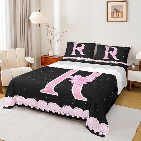 Manfei Personalized Gifts Bowtie Bed Sheets,Bowknot Latter R King Sheets,Pink Sparking Print Sheet Set For Princess,Lightweight Room Decoration,4pcs