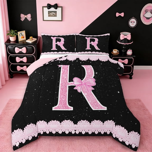 Manfei Personalized Gifts Bowtie Bedding Comforter Set,Bowknot Latter R Twin Comforter Sets,Pink Sparking Print Bedding Set For Princess,Lightweight Room Decoration Reversible,2pcs