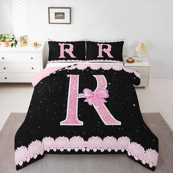 Manfei Personalized Gifts Bowtie Queen Comforter Set,Bowknot Latter R Bedding Sets,Pink Sparking Print Bedding Comforter Set For Princess,Lightweight Room Decoration Reversible,3 Pieces