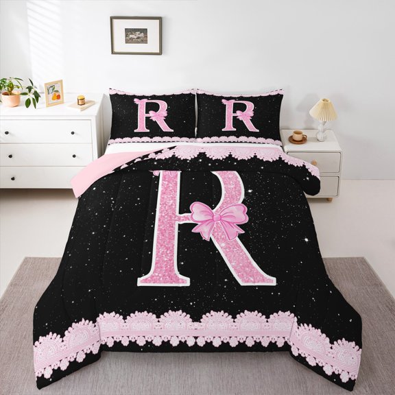 Manfei Personalized Gifts Bowtie Queen Comforter Set,Bowknot Latter R Bedding Sets,Pink Sparking Print Bedding Comforter Set For Princess,Lightweight Room Decoration Reversible,3 Pieces