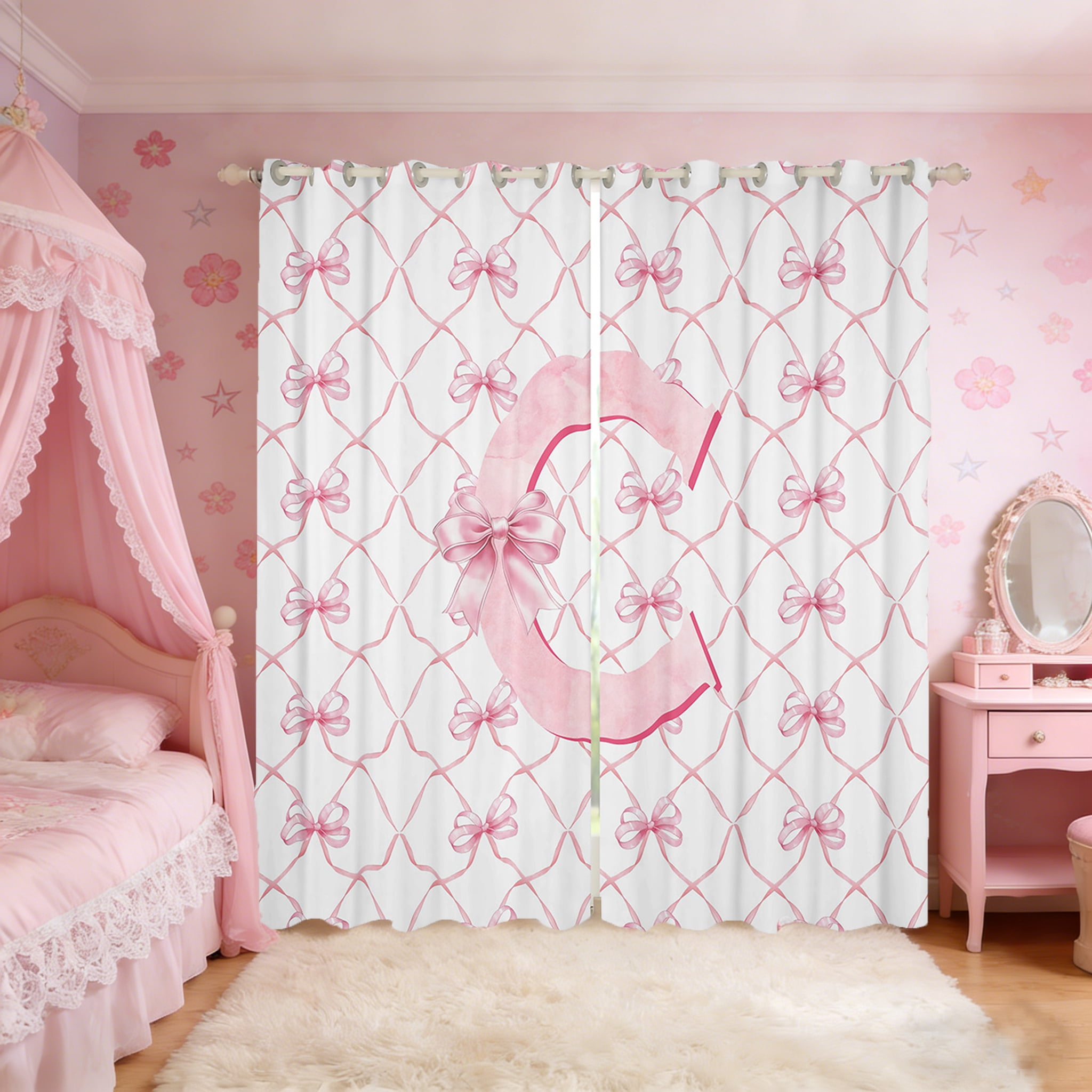 Manfei Personalized Gifts Curtains and Drapes (38x54),Latter C Blackout Curtains for Bedroom,Pink Kawaii Bow Curtains Pack of 2 (38x54),Lightweight Room Decoration