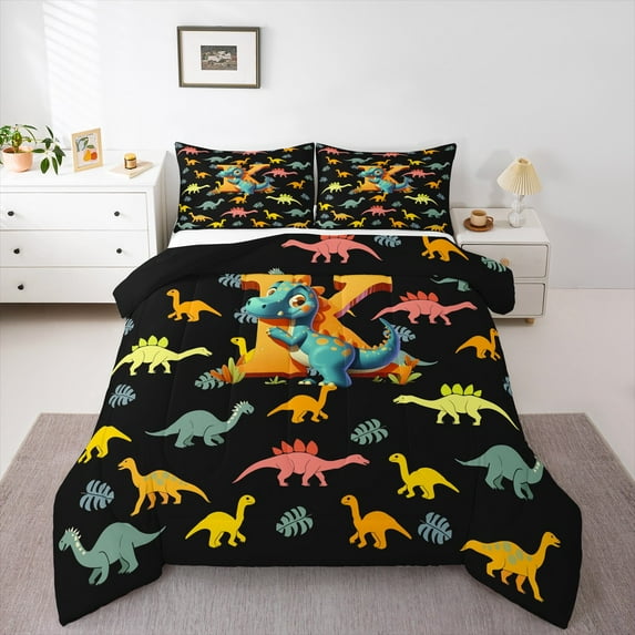 Manfei Personalized Gifts King Size Comforter Sets,Latter K Bedding Comforter Set,Blue Yellow Dinosaur Bedding Set,Lightweight Room Decoration Reversible,3-Piece