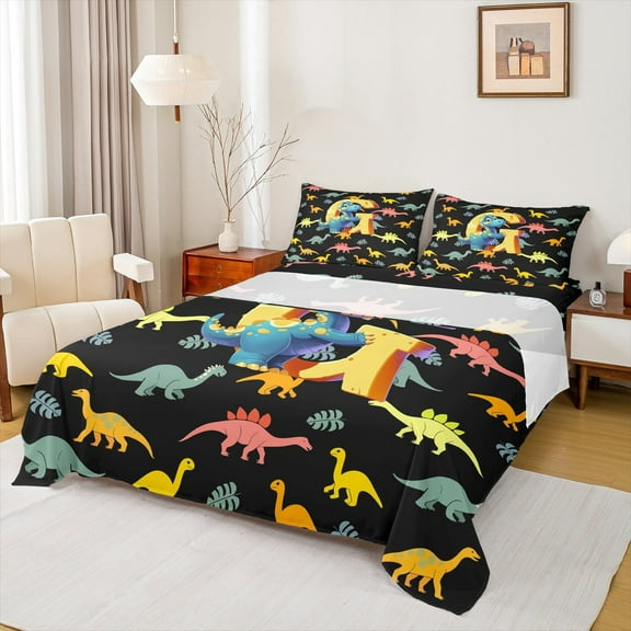 Manfei Personalized Gifts Twin Sheet Sets,Latter G Twin Fitted Sheet,Blue Yellow Dinosaur Flat Sheet,Lightweight Room Decoration,3pcs