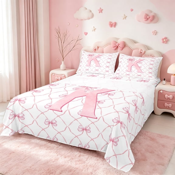 Manfei Personalized Gifts Twin Sheet Sets,Latter K Bedding Twin Size,Pink Kawaii Bow Bed Sheets Set Twin Size,Lightweight Room Decoration,3pcs