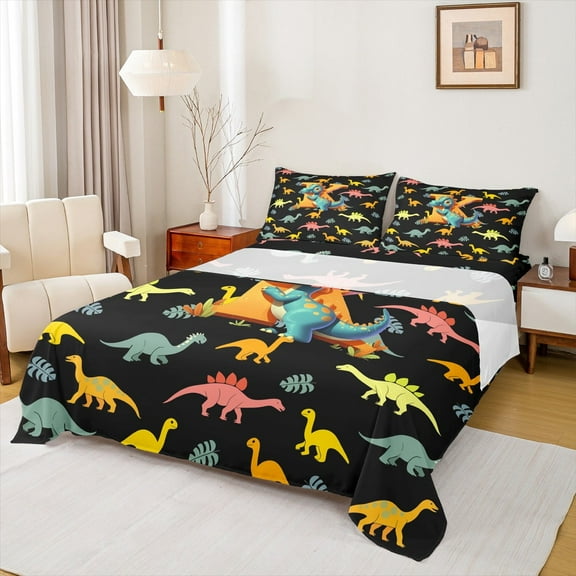 Manfei Personalized Gifts Twin Sheet Sets,Latter K Twin Fitted Sheet,Blue Yellow Dinosaur Flat Sheet,Lightweight Room Decoration,3-Piece