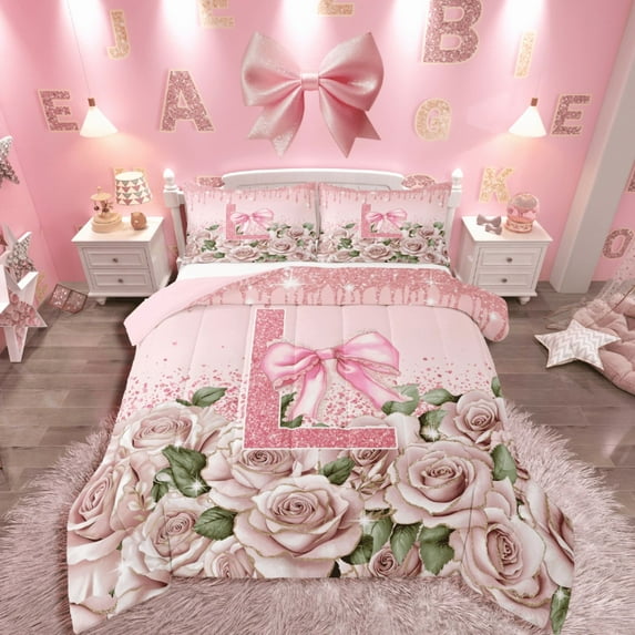 Manfei Personalized Initial 2pcs Bedding Comforter Set,Bow Alphabet Twin Comforter Sets,Bling Rose Breathable Bedding Set,Lightweight Sequin Room Decor,Reversible