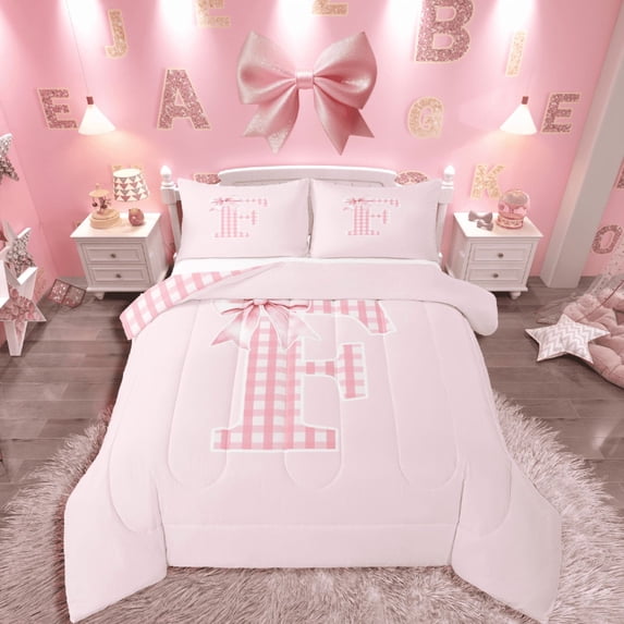Manfei Personalized Initial 3 Pieces Queen Comforter Set,Geometric Grid Ultra Soft Bedding Sets,Pink Bowknot Bedding Comforter Set,Ultra Soft Kawaii Home Decor,Reversible