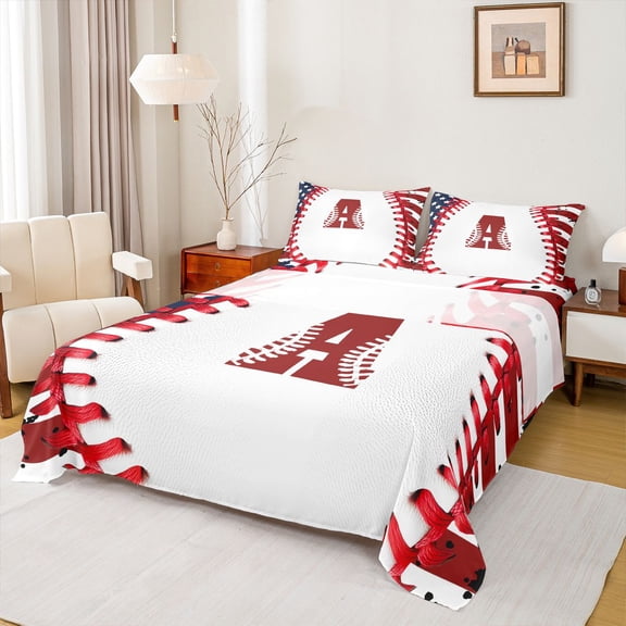 Manfei Personalized Initial A 3pcs Twin Sheet Sets for Boys Girls Teens,Letter Monogrammed Alphabet Twin Fitted Sheet,Sport Baseball Breathable Flat Sheet,Luxury Bedroom Decor