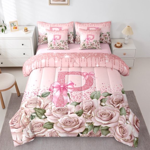 Manfei Personalized Initial 7-Piece Twin Bedding Sets,Bow Alphabet Bedding Comforter Set,Bling Rose Breathable Sheet Sets,Lightweight Sequin Room Decor,Reversible