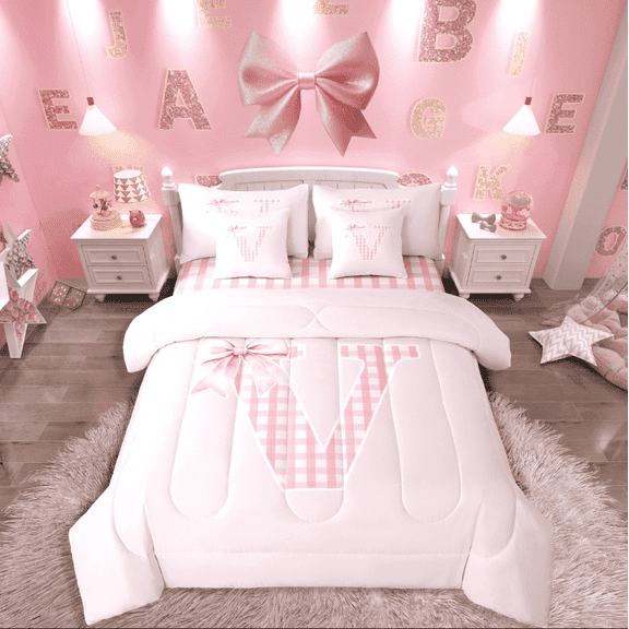 Manfei Personalized Initial 7-Piece Twin Bedding Sets,Geometric Grid Bedding Comforter Set,Pink Bowknot Breathable Sheet Sets,Ultra Soft Kawaii Home Decor,Reversible