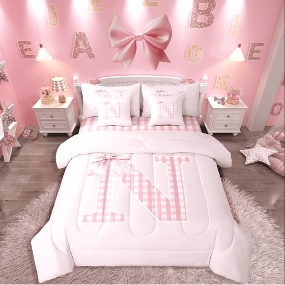 Manfei Personalized Initial 7-Piece Twin Bedding Sets,Geometric Grid Bedding Comforter Set,Pink Bowknot Breathable Sheet Sets,Ultra Soft Kawaii Home Decor,Reversible